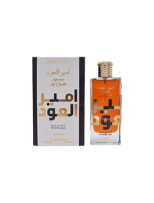 Image of Ameer Al Oudh Intense Oud by Lattafa, a unisex oriental Eau De Parfum. The perfume bottle is rectangular with a gold cap and features Arabic script and the name 'Ameer Al Oudh' in English. The packaging box is white with black and gold accents, displaying the same text in Arabic and English
