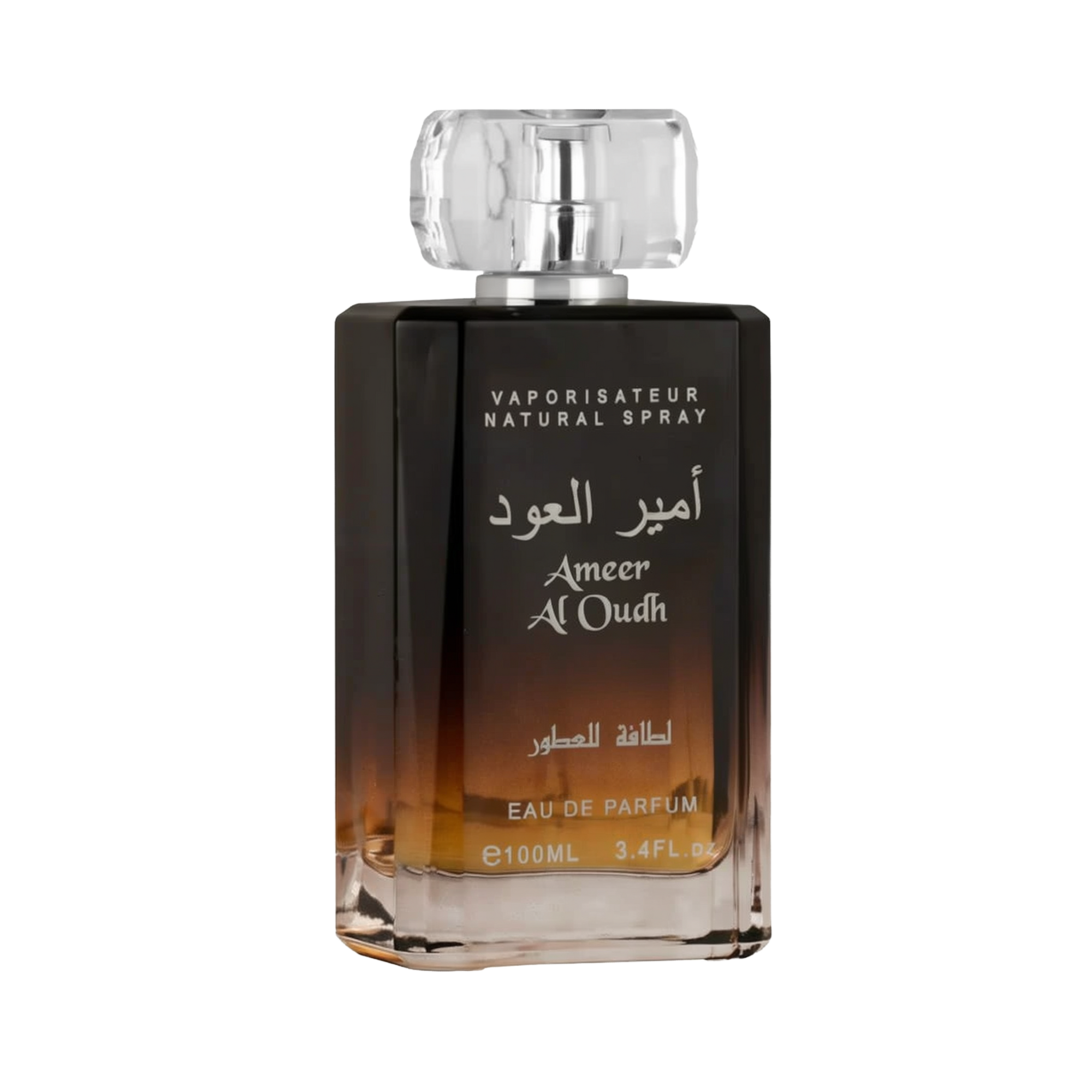 A close-up view of the Ameer Al Oudh by Lattafa Perfumes bottle. The perfume bottle has a gradient color scheme, transitioning from light amber at the base to dark brown towards the top. The bottle has a clear, faceted cap and silver text in both Arabic a