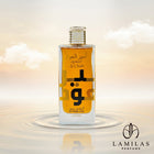 Lattafa Ameer Al Oudh Intense Oud perfume bottle with gold lettering and bold Arabic script, reflected in rippling water under a warm sky.lattafa-ameer-al-oudh-intense-oud-perfume-bottle.jpg