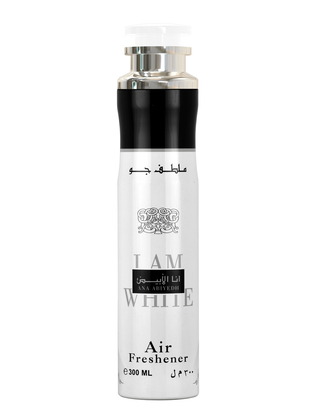 A tall cylindrical can of 'Ana Abiyedh' Air Freshener by Lattafa, predominantly white with black text and a silver top, featuring Arabic script and 'I AM WHITE' on the front.