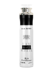 A tall cylindrical can of 'Ana Abiyedh' Air Freshener by Lattafa, predominantly white with black text and a silver top, featuring Arabic script and 'I AM WHITE' on the front.