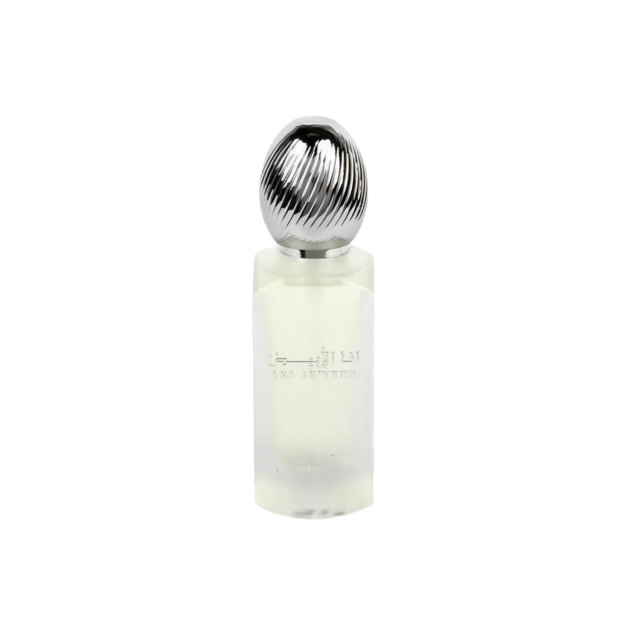  The image shows a frosted glass perfume bottle with a metallic, ribbed cap. The bottle has text in Arabic and English that reads "ANA ABIYEDH" indicating the fragrance name. The design is minimalist and modern, and the translucency of the bottle suggests a light or fresh scent, likely intended as a hair mist, as indicated by the product's volume labeled at the bottom "50ml."