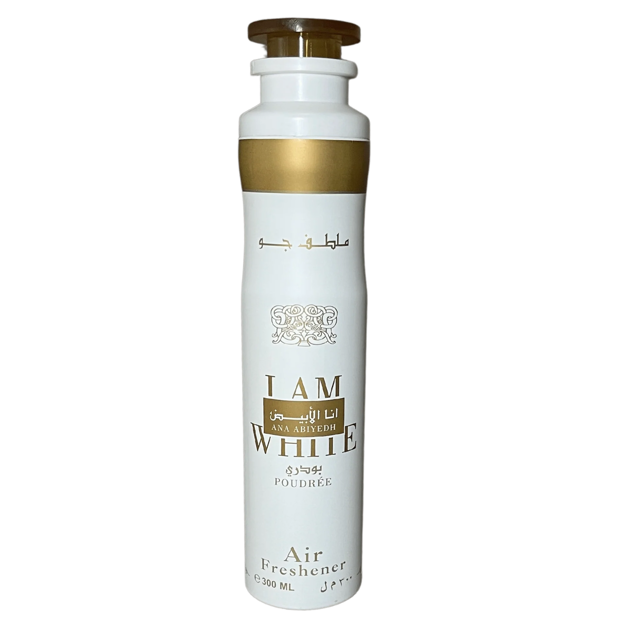 White Ana Abiyedh I Am White Poudrée air freshener can with gold accents.