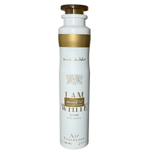 White Ana Abiyedh I Am White Poudrée air freshener can with gold accents.