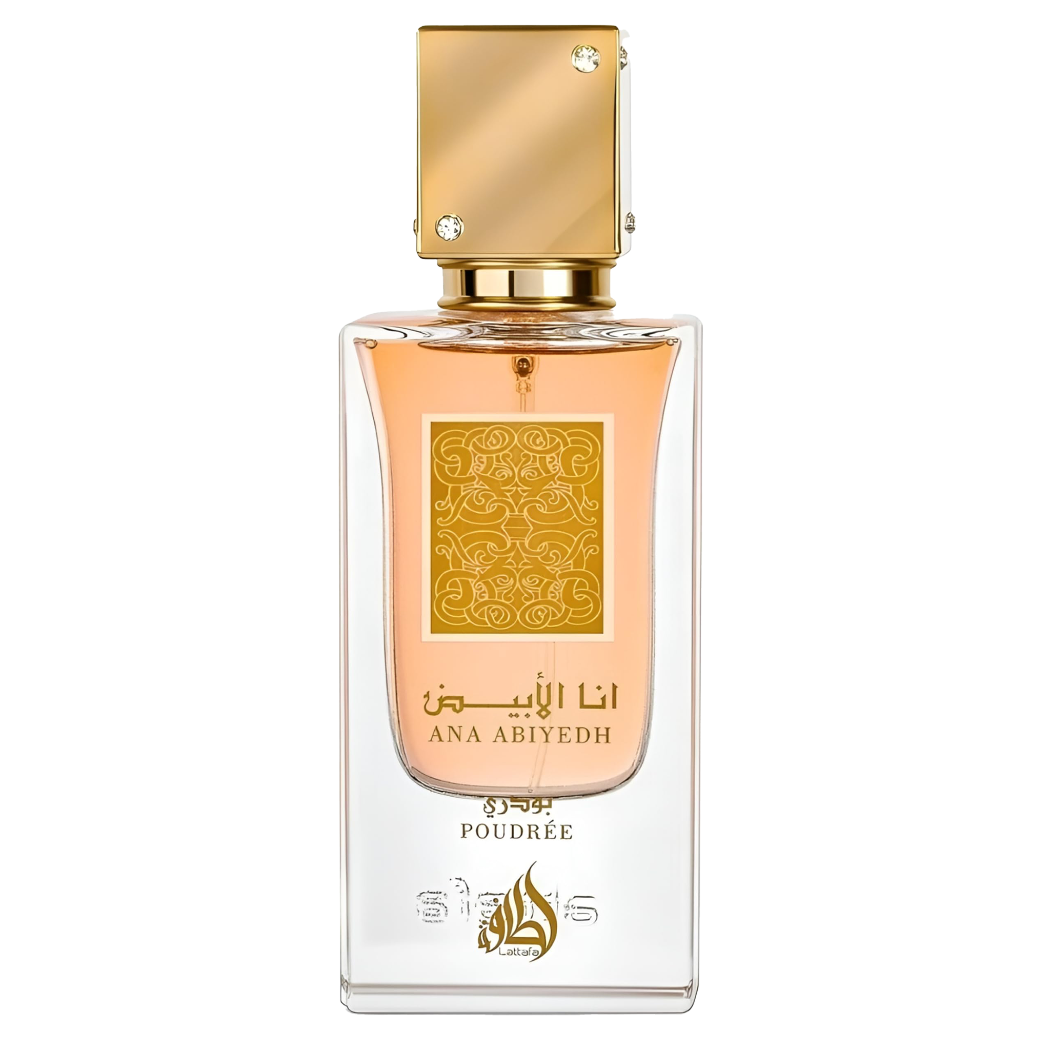 Lattafa Ana Abiyedh Poudrée perfume bottle with gold cap and peach liquid in a clear glass design.