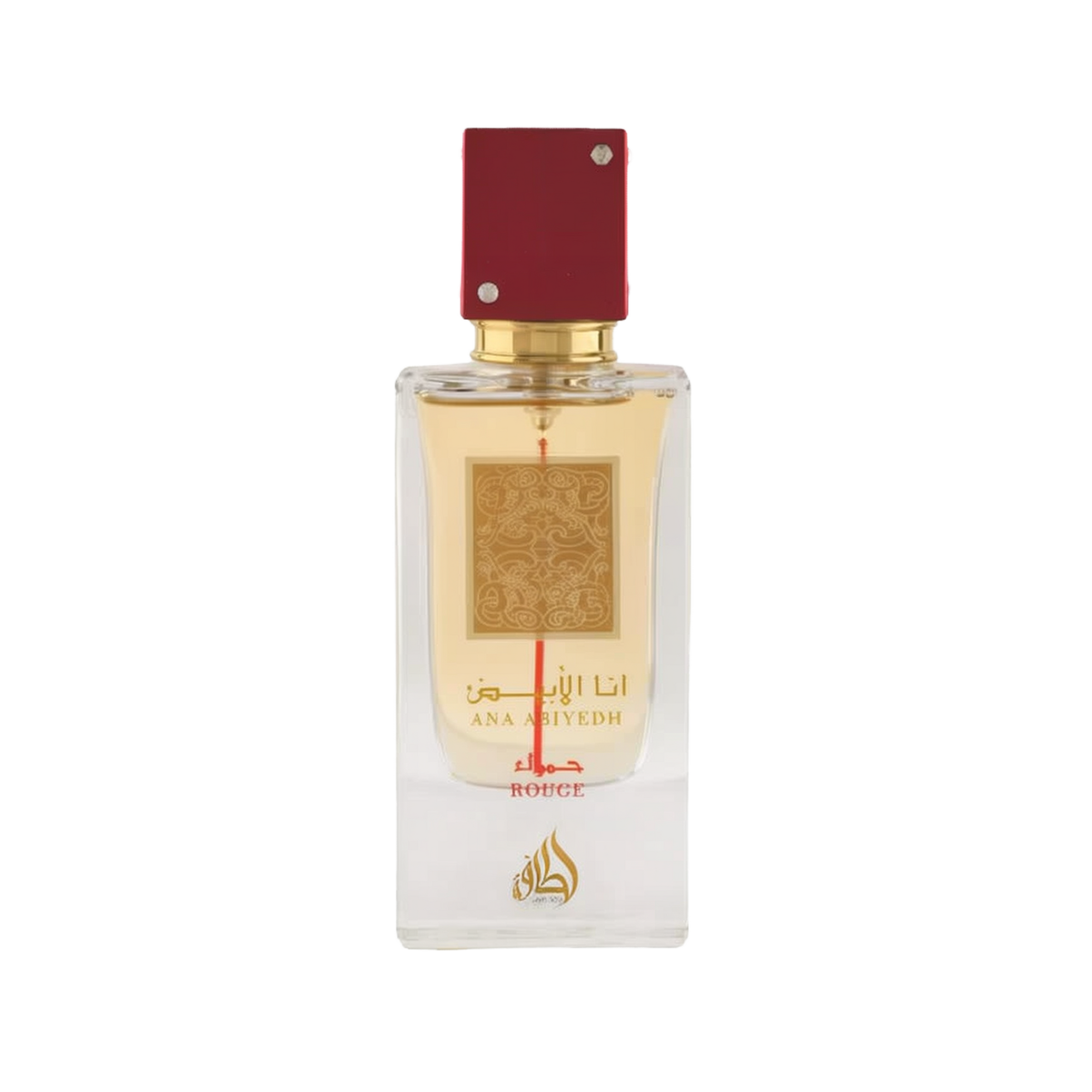 Image of a rectangular clear glass perfume bottle with a red cap embellished with two crystals. The bottle features a gold label with intricate arabesque designs and Arabic calligraphy that reads '??? ????' (Ana Abiyedh), with 'ROUGE' printed in red below. Below the gold label is the brand logo in gold with a flame-like design and the word 'Lattafa'. The perfume liquid appears to be a pale amber color, and the overall design suggests luxury and exotic allure.