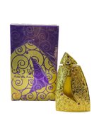 The image shows a product called "Ana Wa Anta" by Khadlaj, which is a concentrated perfume oil. The perfume is housed in a uniquely designed gold bottle adorned with intricate swirling patterns and purple gems. The bottle has a triangular cap and a crescent-shaped window revealing the golden liquid inside. The packaging box features a matching gold and purple design with swirling patterns and the product name "Ana Wa Anta" displayed in both English and Arabic.