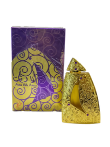 The image shows a product called "Ana Wa Anta" by Khadlaj, which is a concentrated perfume oil. The perfume is housed in a uniquely designed gold bottle adorned with intricate swirling patterns and purple gems. The bottle has a triangular cap and a crescent-shaped window revealing the golden liquid inside. The packaging box features a matching gold and purple design with swirling patterns and the product name "Ana Wa Anta" displayed in both English and Arabic.