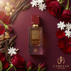 Ana Abiyedh Rouge perfume bottle surrounded by red roses, white jasmine, oud, frankincense, and vanilla on a burgundy background.