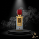 Ana Abiyedh Rouge perfume bottle with a deep red cap, displayed on a black podium amid smoky vapors.