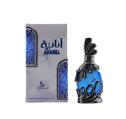 A vivid blue glass bottle of Anabia concentrated perfume oil by Khadlaj encased in an ornate silver filigree design with small blue accents and topped with a sculpted silver cap, shown alongside its matching box decorated with swirls in complementary shades of blue and silver.