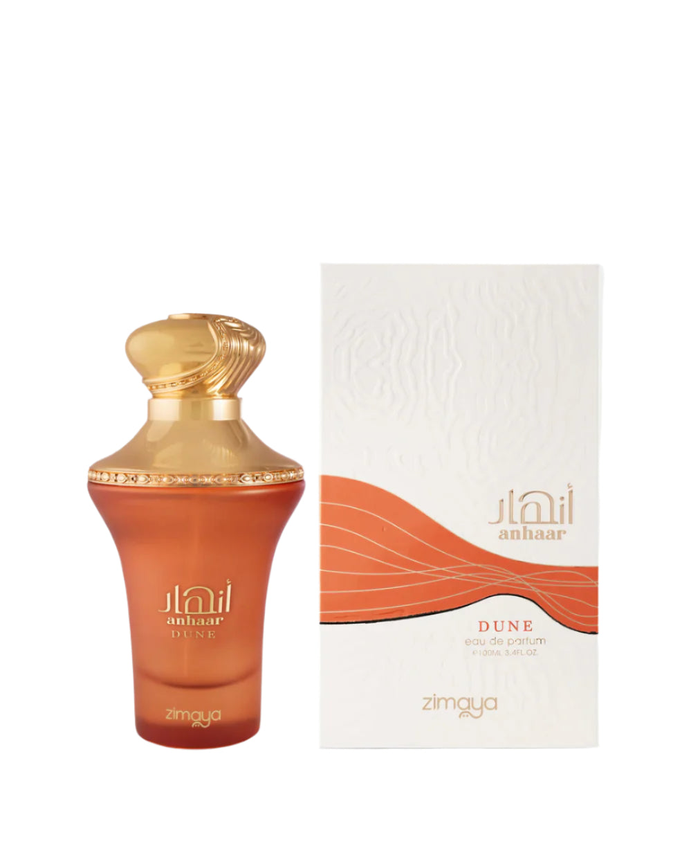 A bottle and packaging of Anhaar Dune Eau De Parfum by Zimaya. The bottle features a warm amber-orange frosted glass with a curvy silhouette, topped with an ornate golden cap and trim. The front displays the name "Anhaar Dune" and the Zimaya logo in gold lettering. The accompanying box is white with an embossed texture and a flowing orange wave design, reflecting a desert-inspired, earthy theme.
