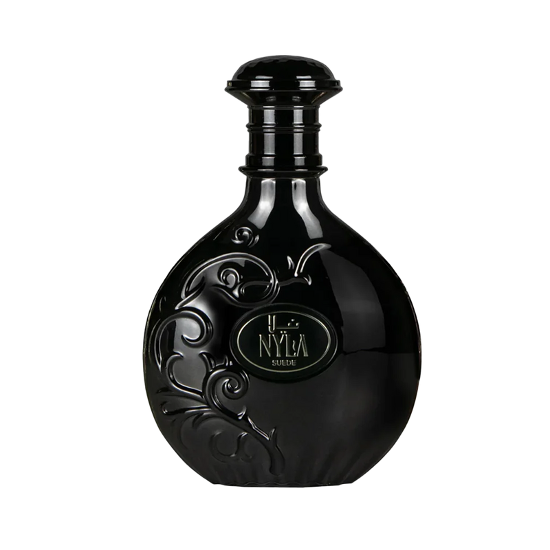 Black round perfume bottle of Arabiyat Prestige Nyla Suede with embossed floral pattern and elegant cap.