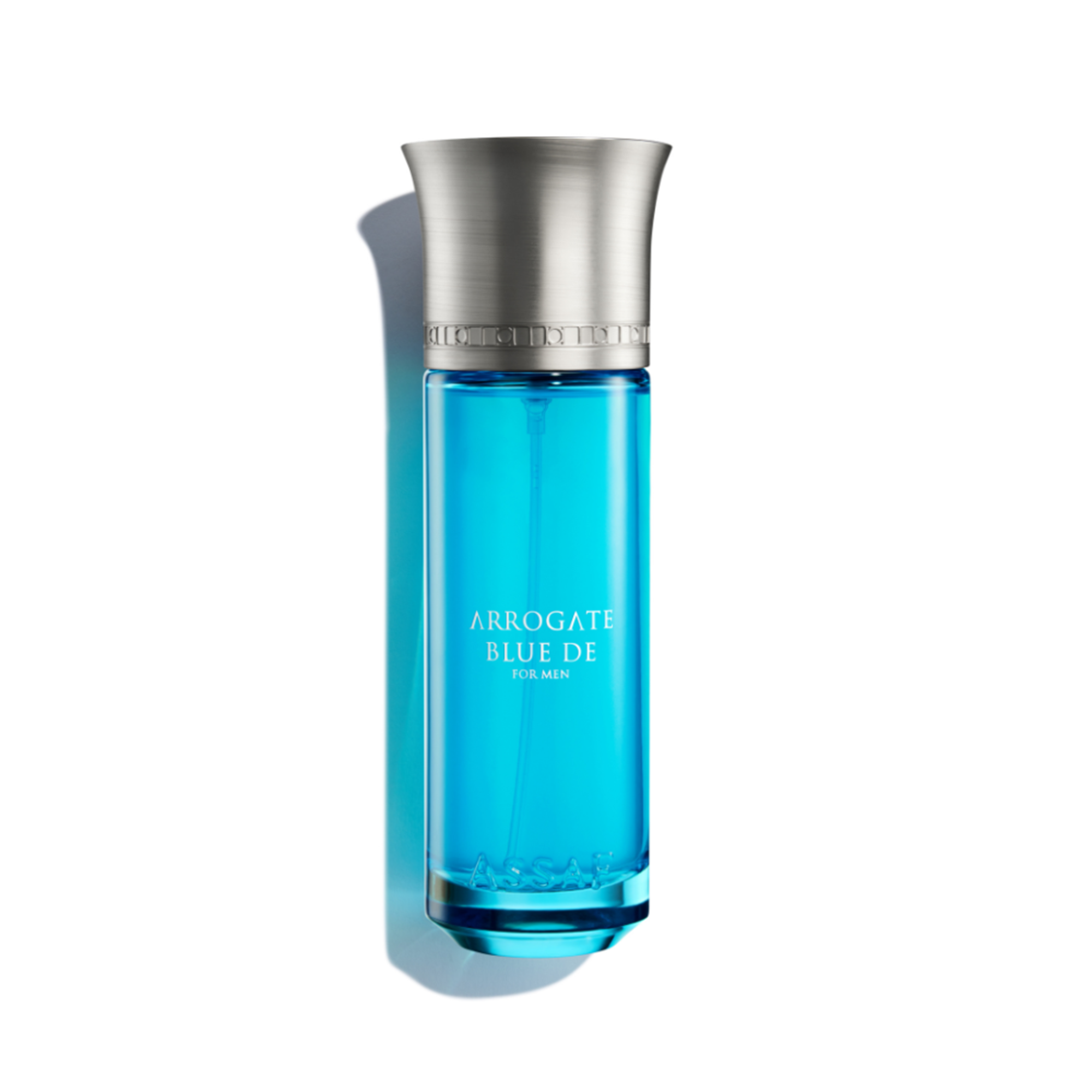 Assaf Arrogate Blue De for Men perfume bottle with a clear cylindrical glass body filled with vivid blue fragrance, brushed silver cap.