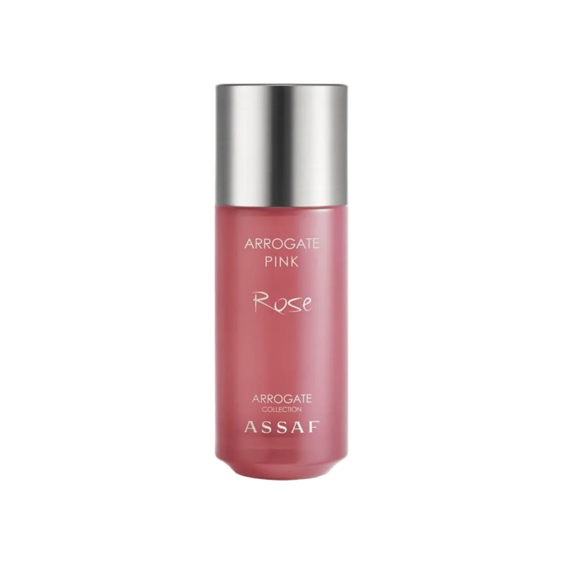 Assaf Arrogate Pink Rose perfume in a soft pink frosted bottle with a silver cap.