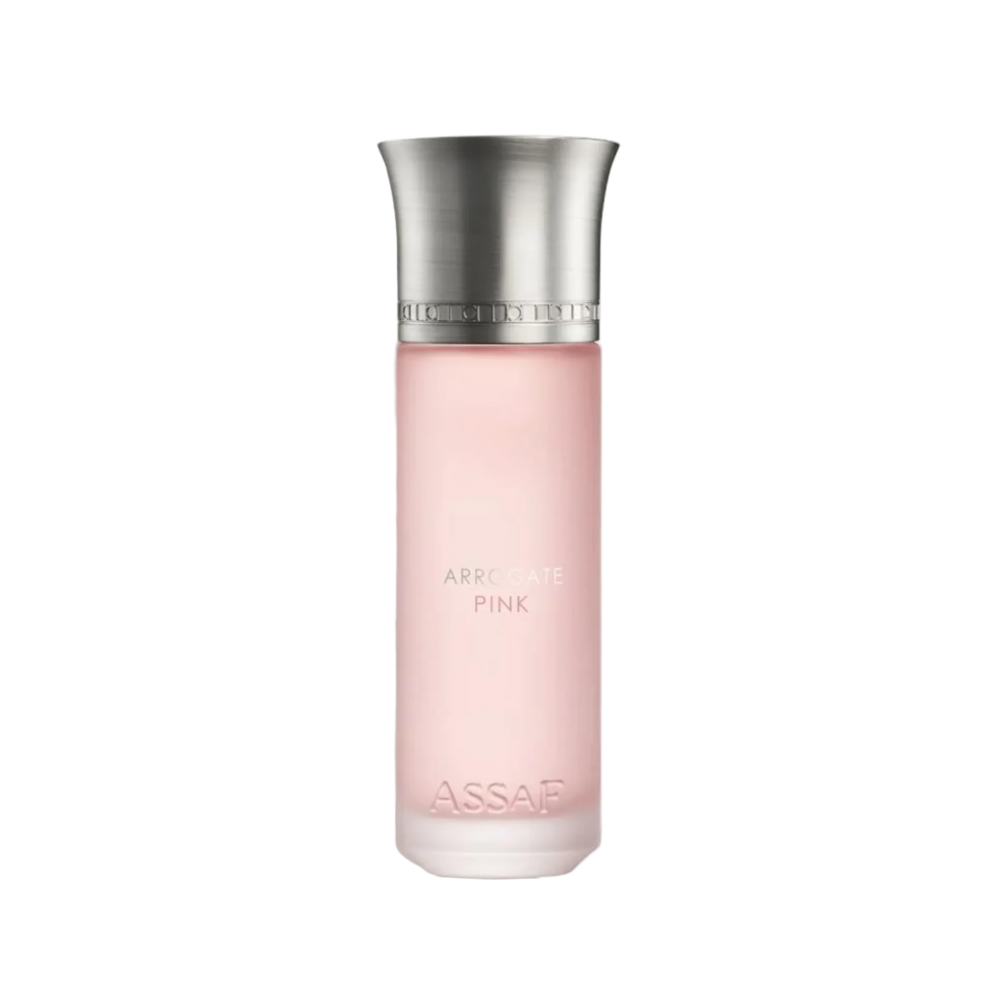 Assaf Arrogate Pink perfume bottle with a tall frosted blush-pink glass body, flared brushed silver cap.