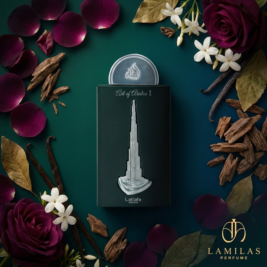 Lattafa Art of Arabia I perfume box featuring a silver Burj Khalifa, framed by oud chips, vanilla, rose, and jasmine.