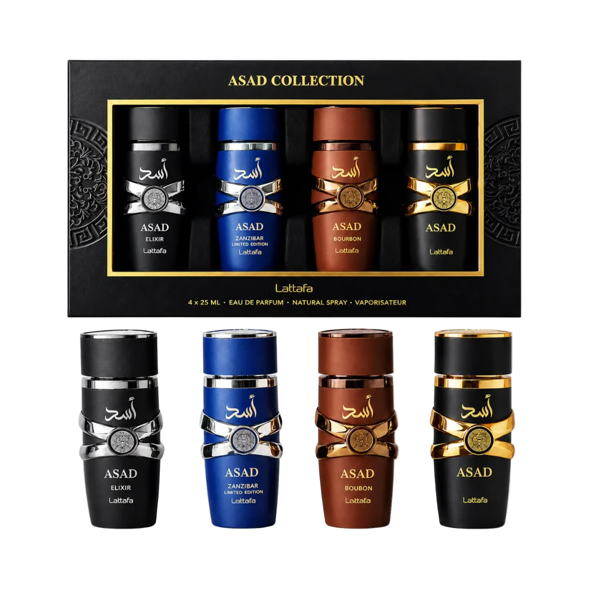 Lattafa Asad Collection gift set featuring four 25ml Eau De Parfum sprays - Asad Elixir, Asad Zanzibar, Asad Bourbon and Asad - displayed with the premium presentation box.
