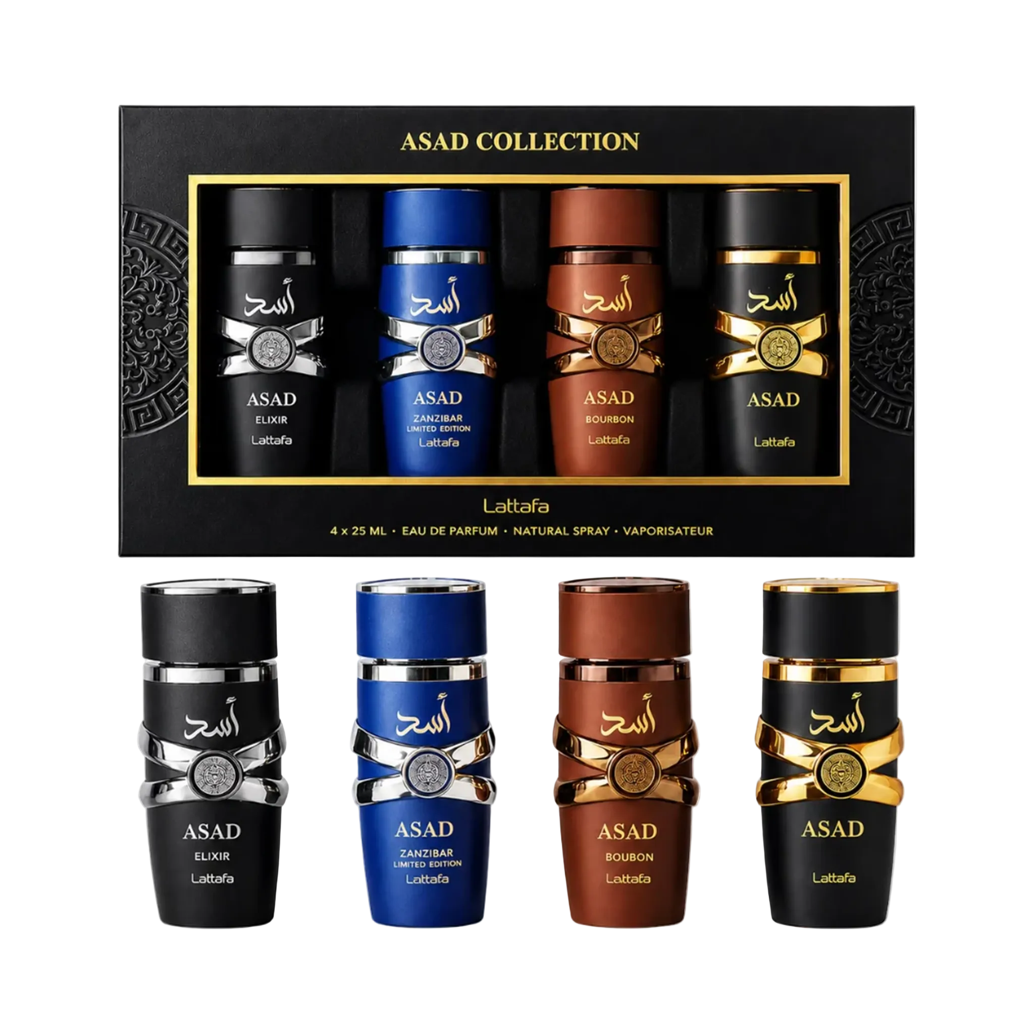 Lattafa Asad Collection gift set featuring four 25ml Eau De Parfum sprays - Asad Elixir, Asad Zanzibar, Asad Bourbon and Asad - displayed with the premium presentation box.