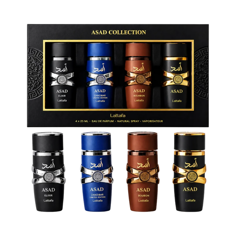 Lattafa Asad Collection gift set featuring four 25ml Eau De Parfum sprays - Asad Elixir, Asad Zanzibar, Asad Bourbon and Asad - displayed with the premium presentation box.