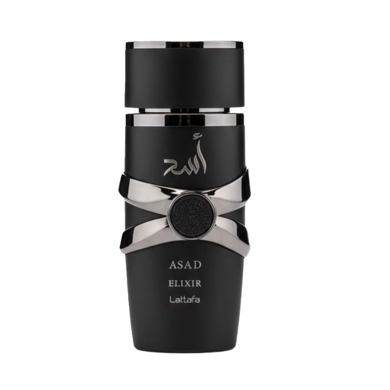 Lattafa Asad Elixir perfume bottle in matte black with silver metallic accents and Arabic script, featuring a round emblem.
