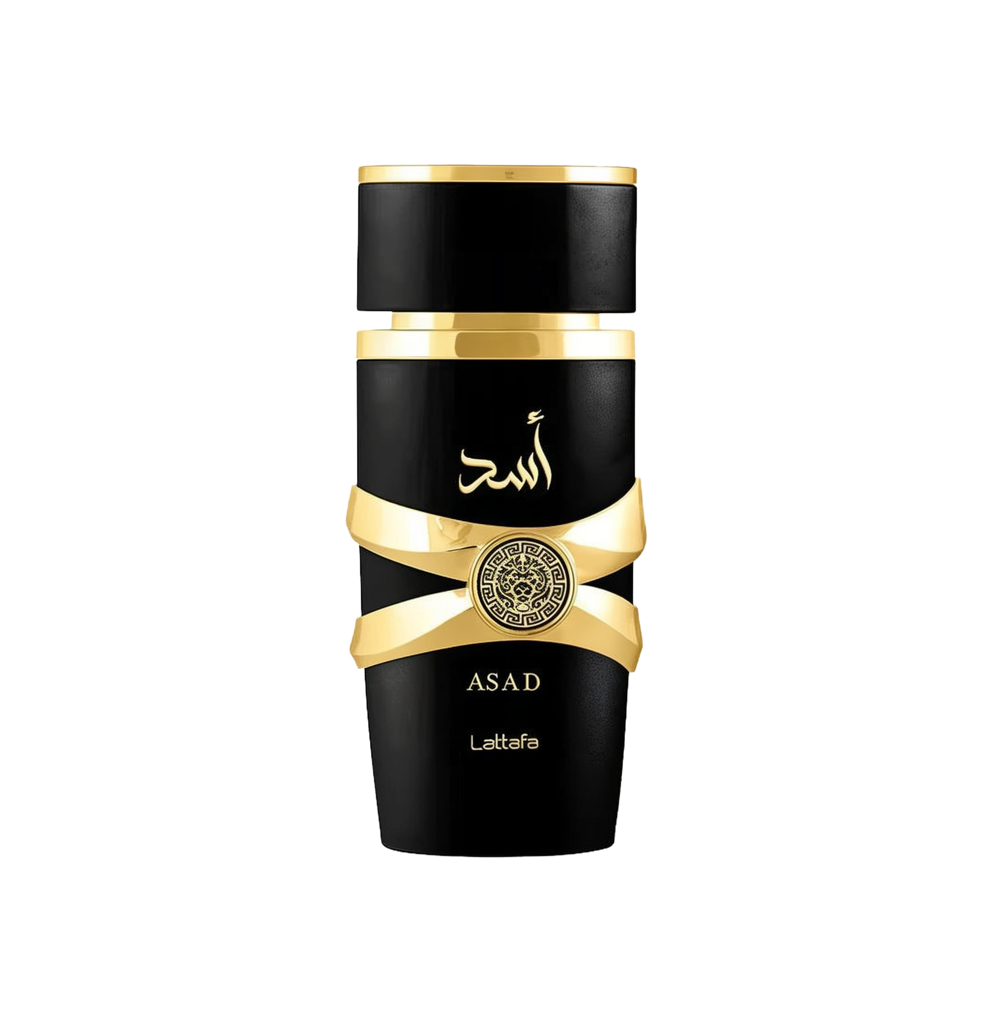 This image shows a sleek, cylindrical perfume bottle named "ASAD" by Lattafa. The bottle is glossy black with a matte black cap. A distinctive gold ribbon-like band wraps around the bottle, holding a circular gold emblem with intricate designs. Below the band, the name "ASAD" is written in gold along with the Lattafa brand name. Arabic calligraphy in gold is featured above the gold band, likely spelling the same name "ASAD."