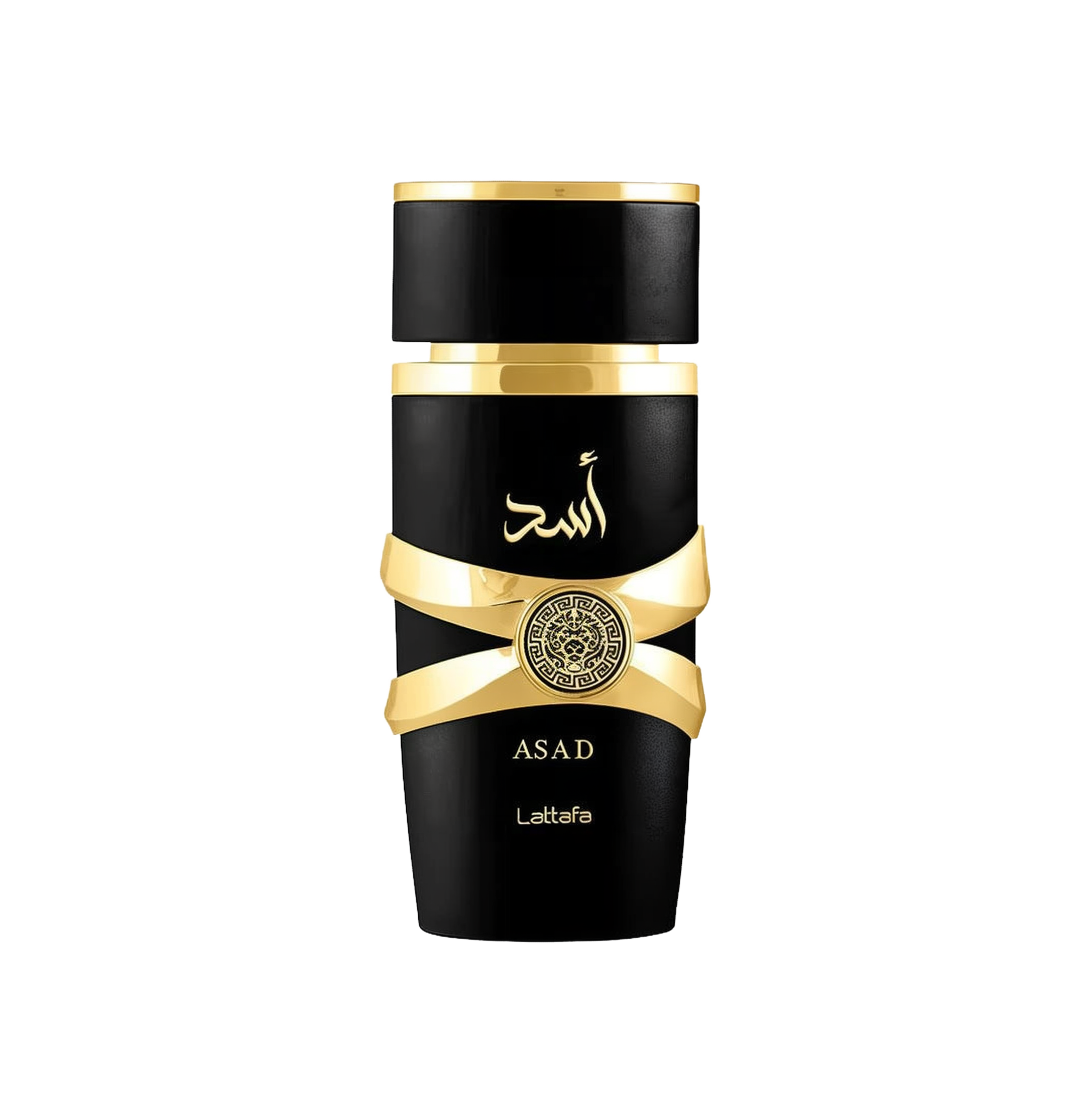 This image shows a sleek, cylindrical perfume bottle named "ASAD" by Lattafa. The bottle is glossy black with a matte black cap. A distinctive gold ribbon-like band wraps around the bottle, holding a circular gold emblem with intricate designs. Below the band, the name "ASAD" is written in gold along with the Lattafa brand name. Arabic calligraphy in gold is featured above the gold band, likely spelling the same name "ASAD."