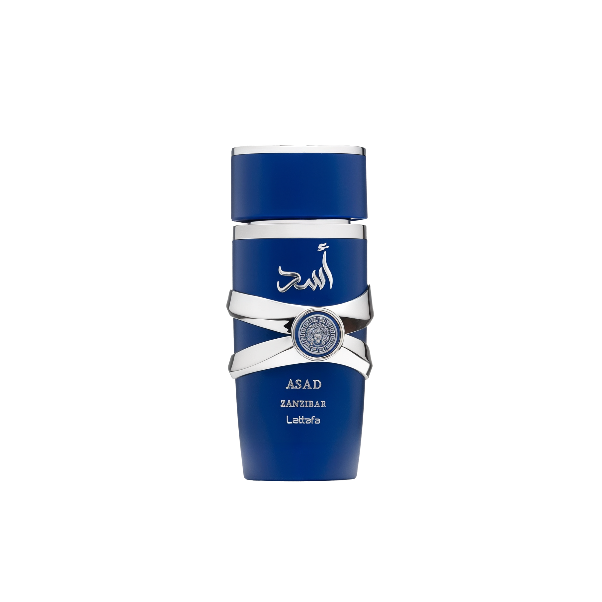 A tall, deep-blue cylindrical perfume bottle with silver decorative bands crossing around the middle, featuring Arabic text on the upper portion and labeled “Asad Zanzibar” by Lattafa.