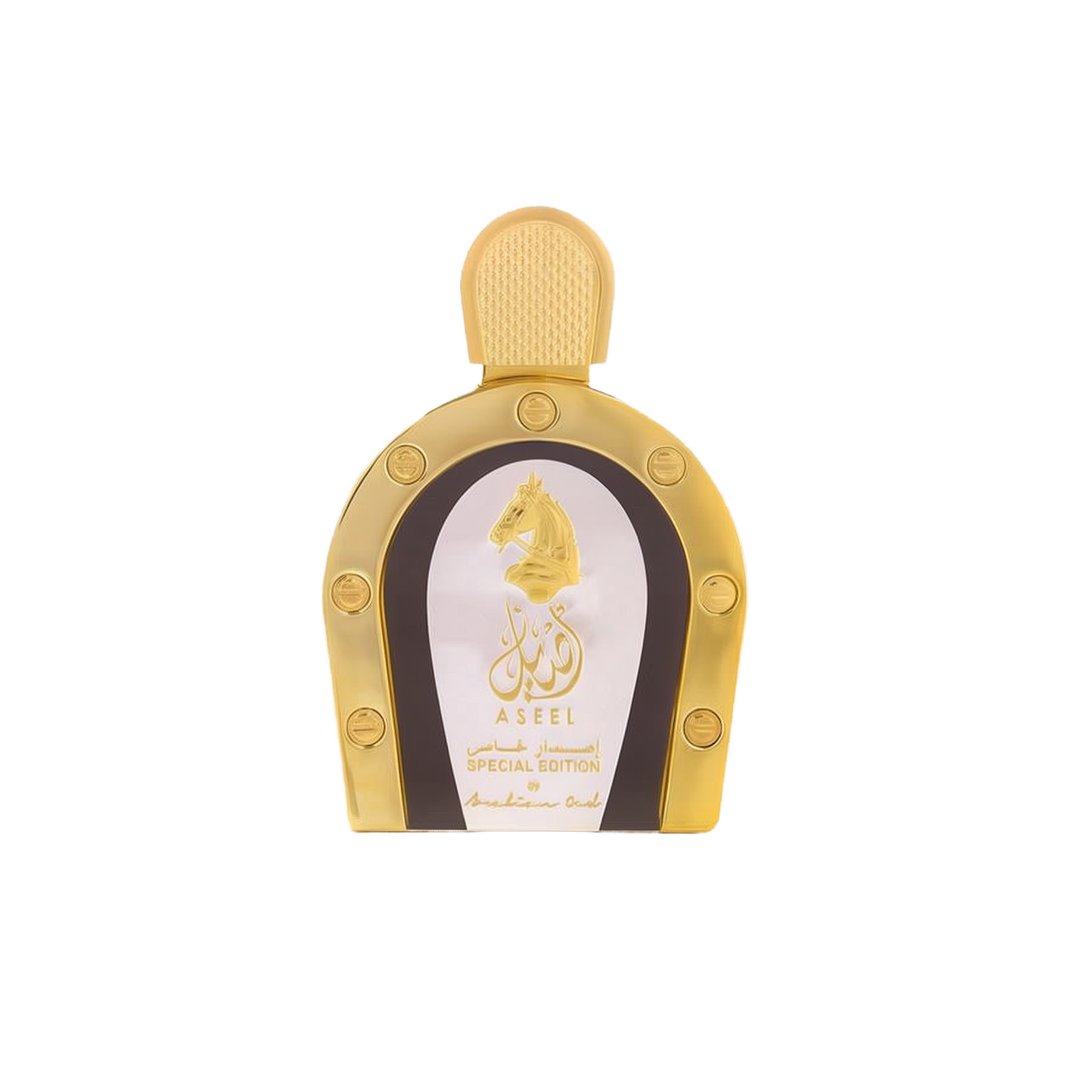 The image shows a product, likely a bottle of perfume, presented against a white background for a clean and professional look. The bottle has a distinctive horseshoe shape with a gold color scheme. It features a white label with golden edges, showcasing an embossed golden horse's head and Arabic calligraphy.  The cap of the bottle is textured, suggesting a design that complements the luxurious appearance.