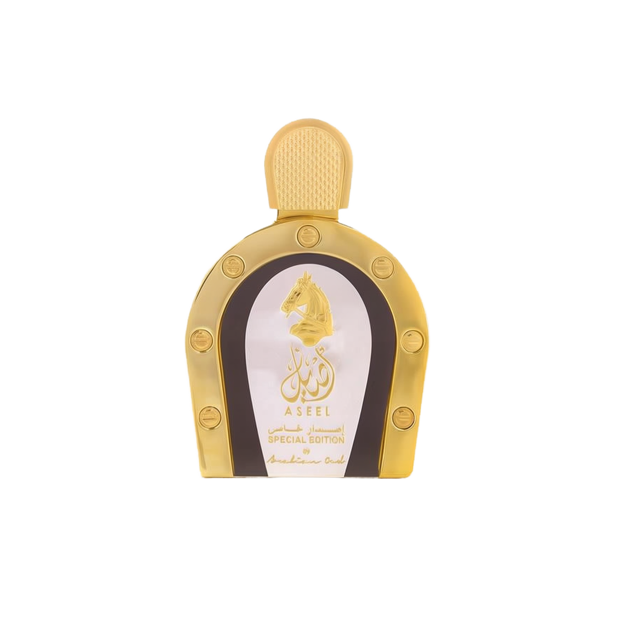 The image shows a product, likely a bottle of perfume, presented against a white background for a clean and professional look. The bottle has a distinctive horseshoe shape with a gold color scheme. It features a white label with golden edges, showcasing an embossed golden horse's head and Arabic calligraphy.  The cap of the bottle is textured, suggesting a design that complements the luxurious appearance.