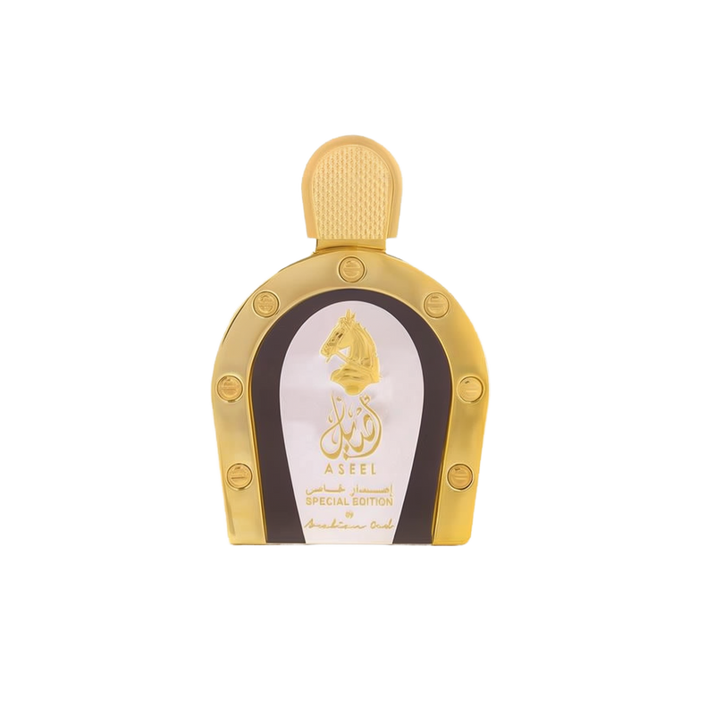 The image shows a product, likely a bottle of perfume, presented against a white background for a clean and professional look. The bottle has a distinctive horseshoe shape with a gold color scheme. It features a white label with golden edges, showcasing an embossed golden horse's head and Arabic calligraphy.  The cap of the bottle is textured, suggesting a design that complements the luxurious appearance.