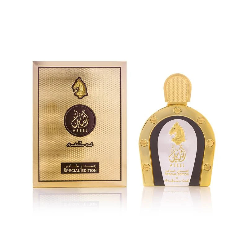 The image displays a "Special Edition" perfume named ASEEL by Arabian Oud. To the left is a box with a textured gold background, a black circular logo with the name ASEEL in Arabic calligraphy and English, and a gold emblem depicting a horse's head. Below the logo, it states "Special Edition" in English and Arabic. To the right is the perfume bottle with a similar color theme, featuring a horse head emblem within an oval frame on a black background, flanked by gold columns and a textured gold cap.