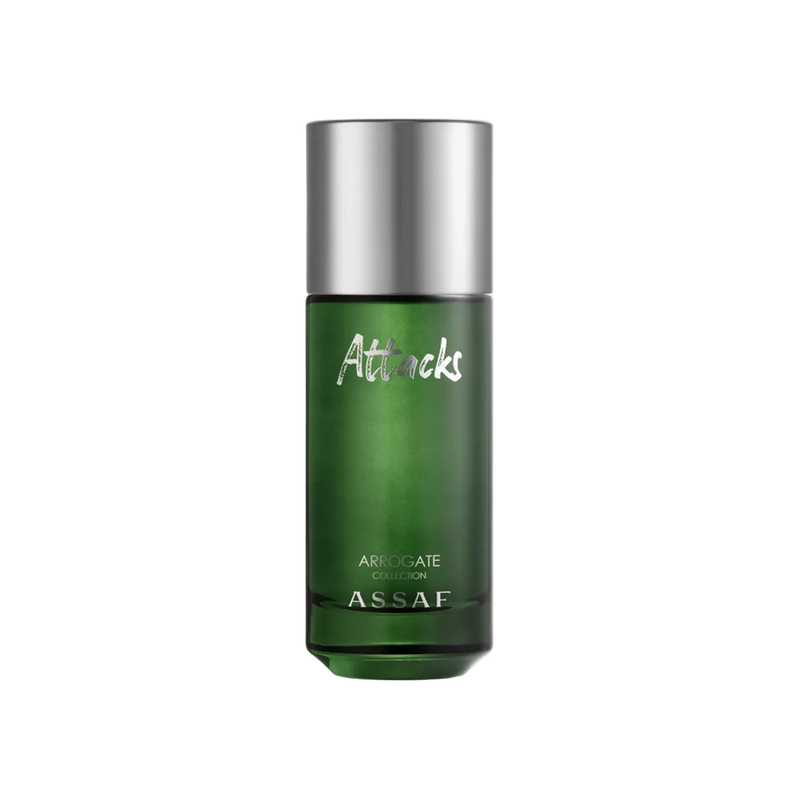 Assaf Arrogate Attacks perfume in a metallic green cylindrical bottle with a silver cap.
