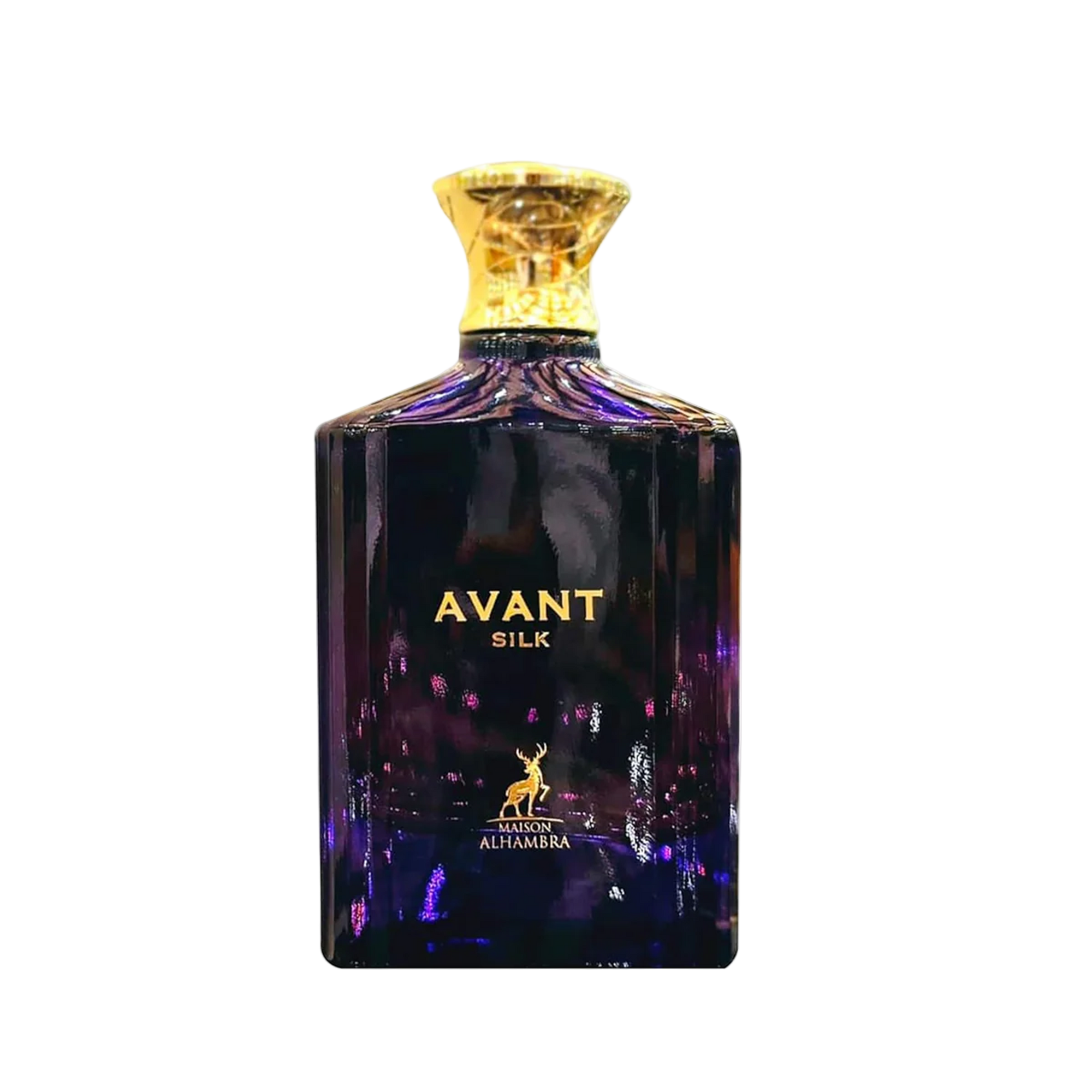 Maison Alhambra Avant Silk perfume bottle in deep purple glass with gold cap and lettering.