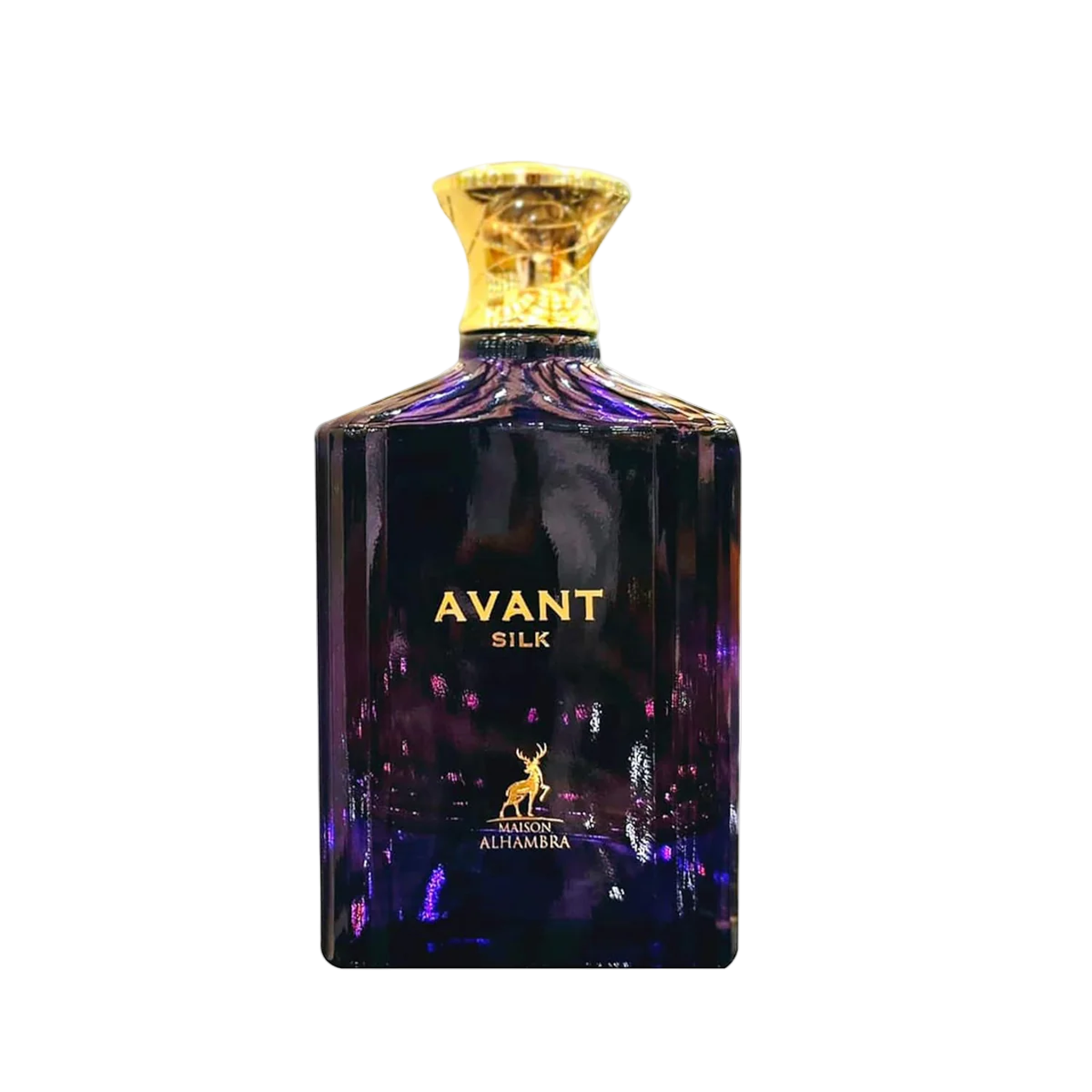 Maison Alhambra Avant Silk perfume bottle in deep purple glass with gold cap and lettering.