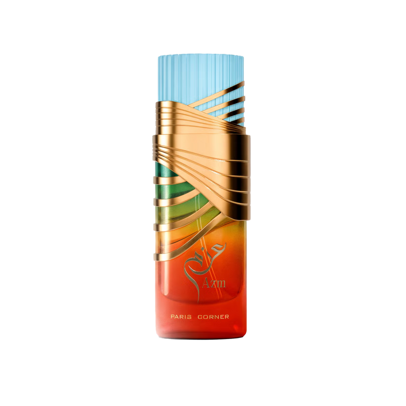 Multicolor perfume bottle with gold diagonal accents, blue cap, and Azm Paris Corner branding