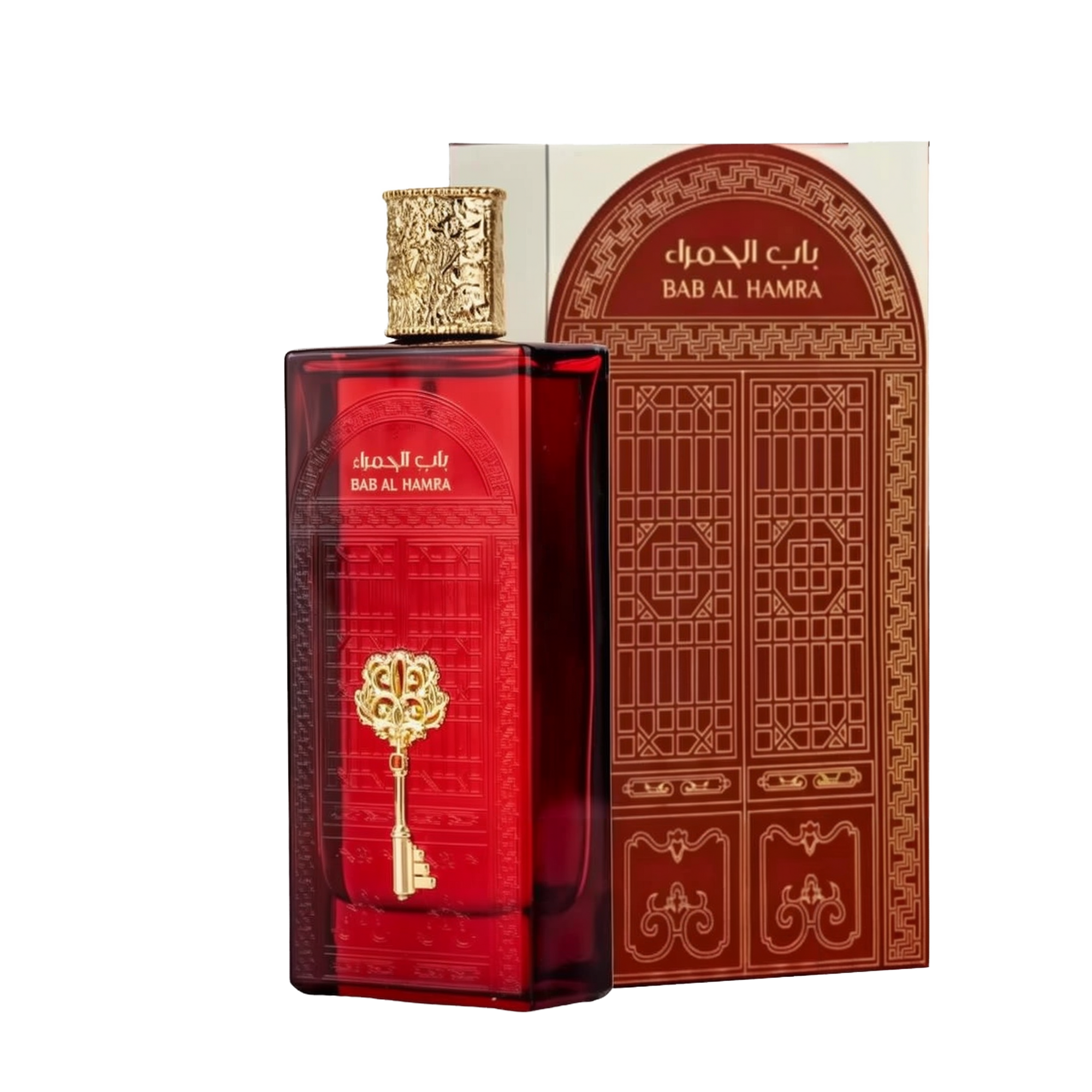 The image features a rectangular perfume bottle with a deep red hue and a highly ornate gold cap. On the bottle is an embossed golden emblem in the shape of a key, which adds to the luxurious appearance of the product. Accompanying the bottle is a box with Arabic and English text, "??? ?????? / BAB AL HAMRA," likely the name of the fragrance.  The product appears to be of Middle Eastern origin and suggests a fragrance with a rich and exotic scent.