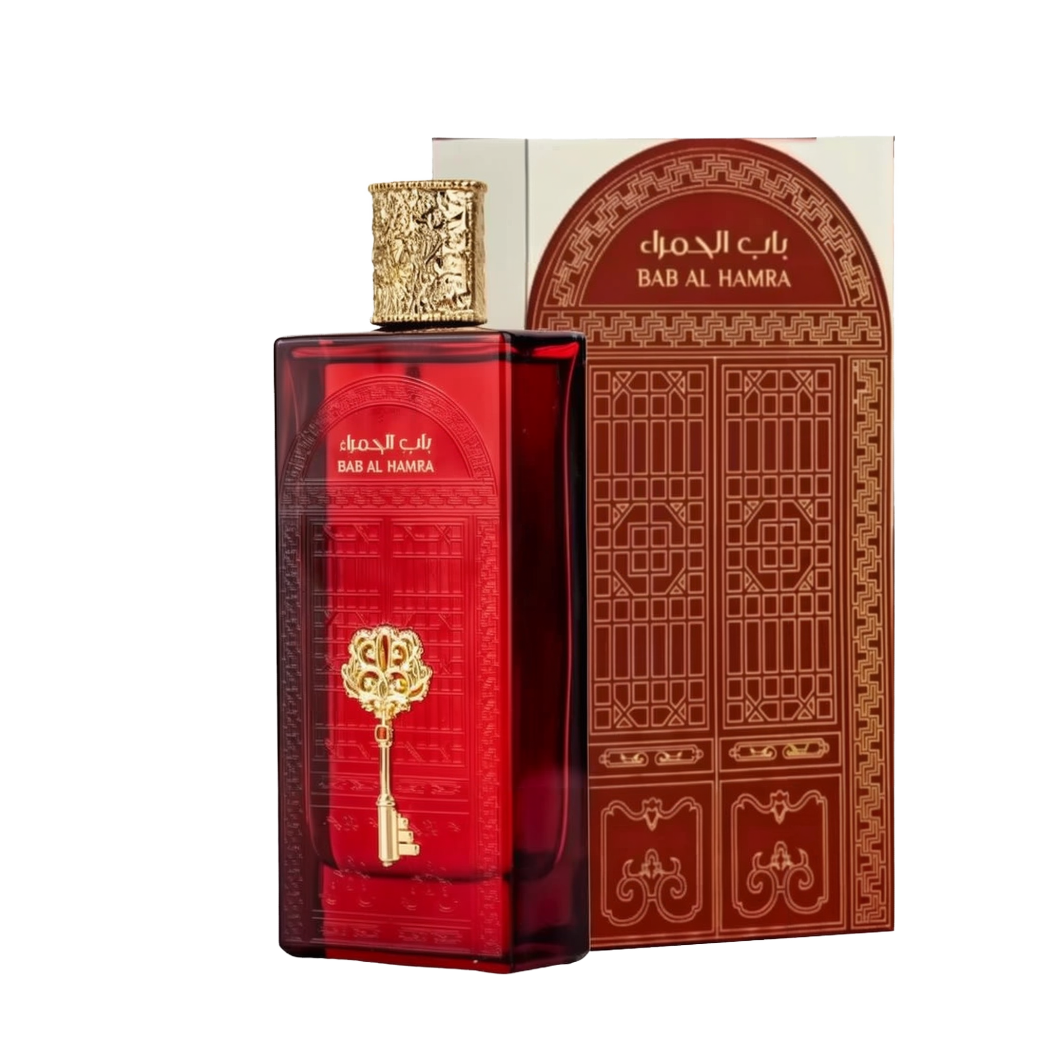 The image features a rectangular perfume bottle with a deep red hue and a highly ornate gold cap. On the bottle is an embossed golden emblem in the shape of a key, which adds to the luxurious appearance of the product. Accompanying the bottle is a box with Arabic and English text, "??? ?????? / BAB AL HAMRA," likely the name of the fragrance.  The product appears to be of Middle Eastern origin and suggests a fragrance with a rich and exotic scent.