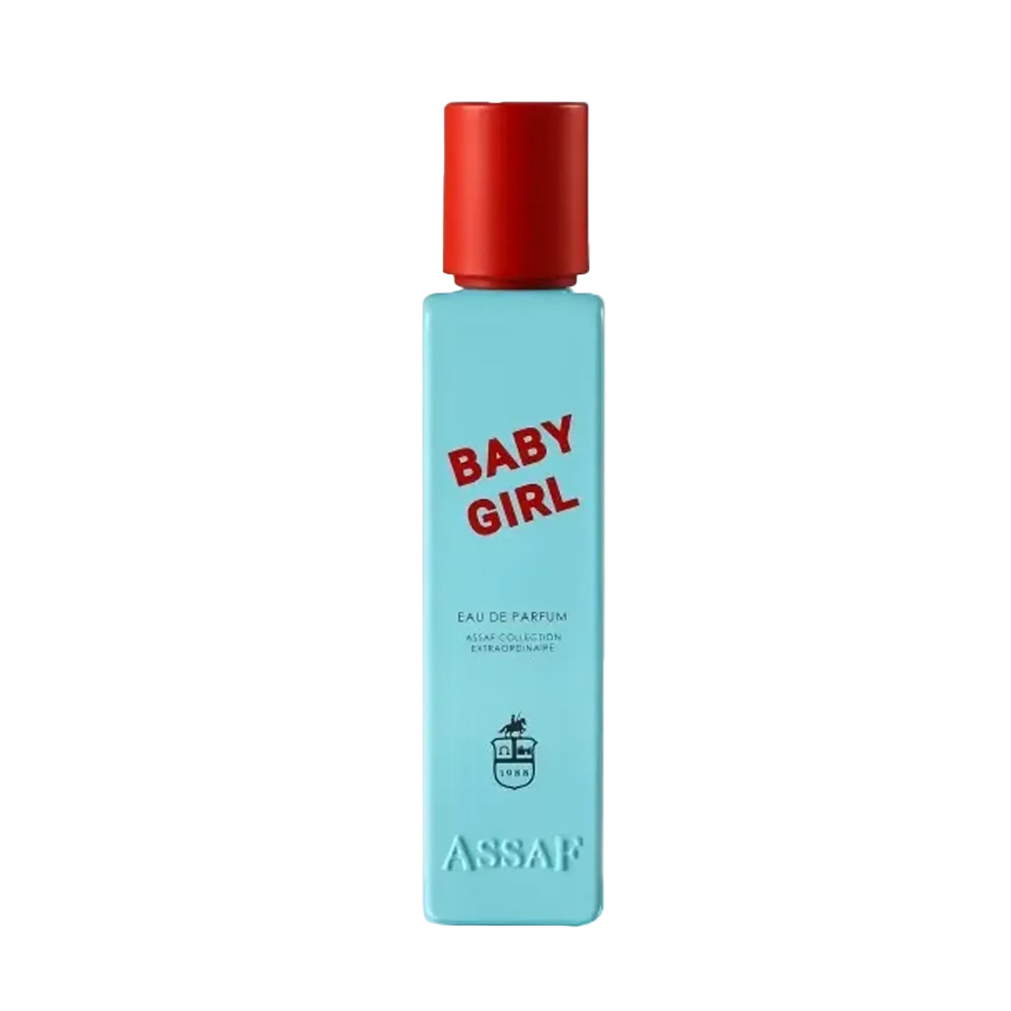 Assaf Baby Girl Eau De Parfum bottle with a tall turquoise glass body, bold red “Baby Girl” lettering, and a matching red cylindrical cap.