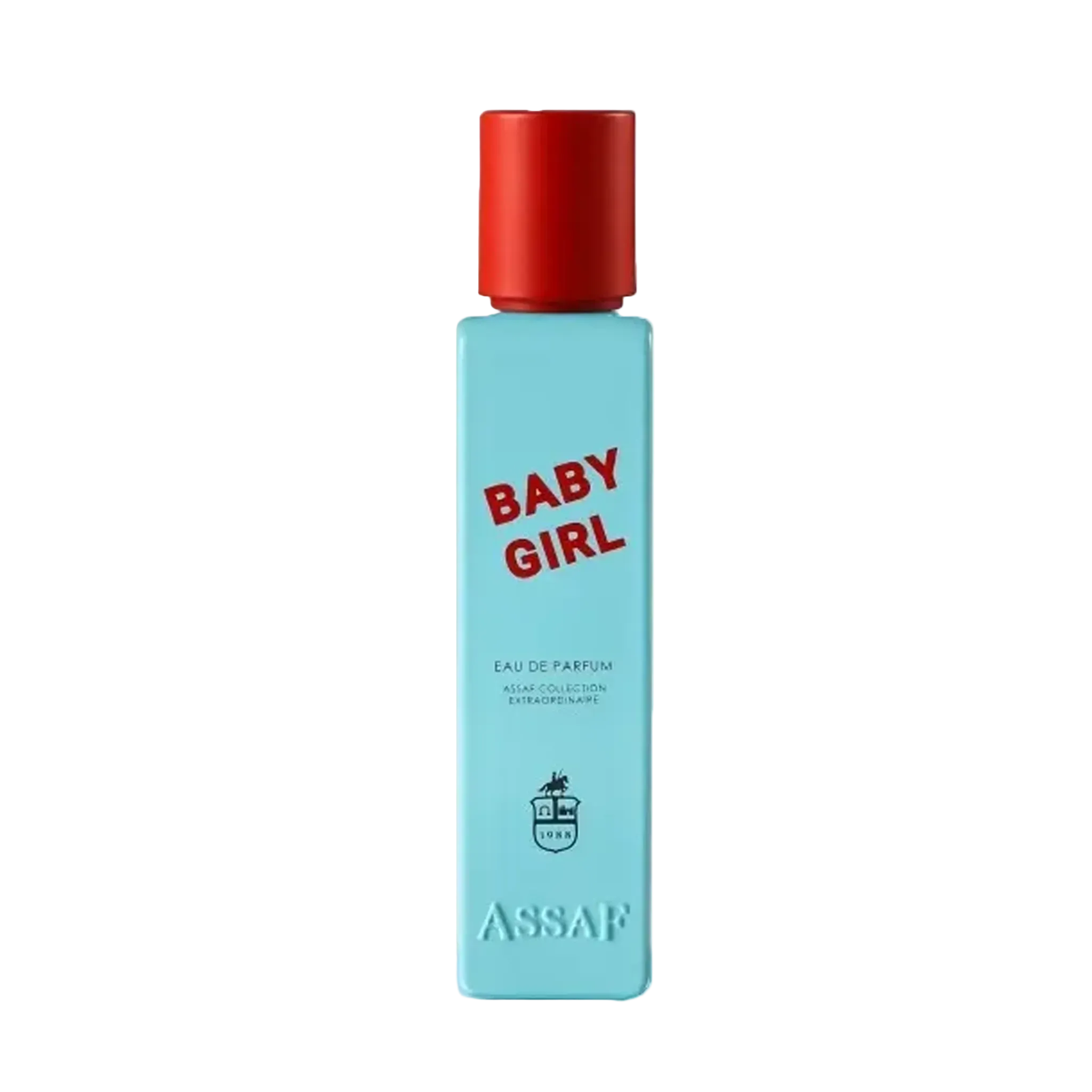 Assaf Baby Girl Eau De Parfum bottle with a tall turquoise glass body, bold red “Baby Girl” lettering, and a matching red cylindrical cap.