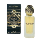 The image features a frosted glass perfume bottle with a golden ribbed cap and a black and gold packaging box. The box has an intricate geometric and arabesque design in black and gold, with the name "OUD FOR GLORY" and "BADEE AL OUD" prominently displayed, alongside the brand "Lattafa." The box also specifies "50ML / FRESH HAIR MIST / 1.7 FL.OZ." 