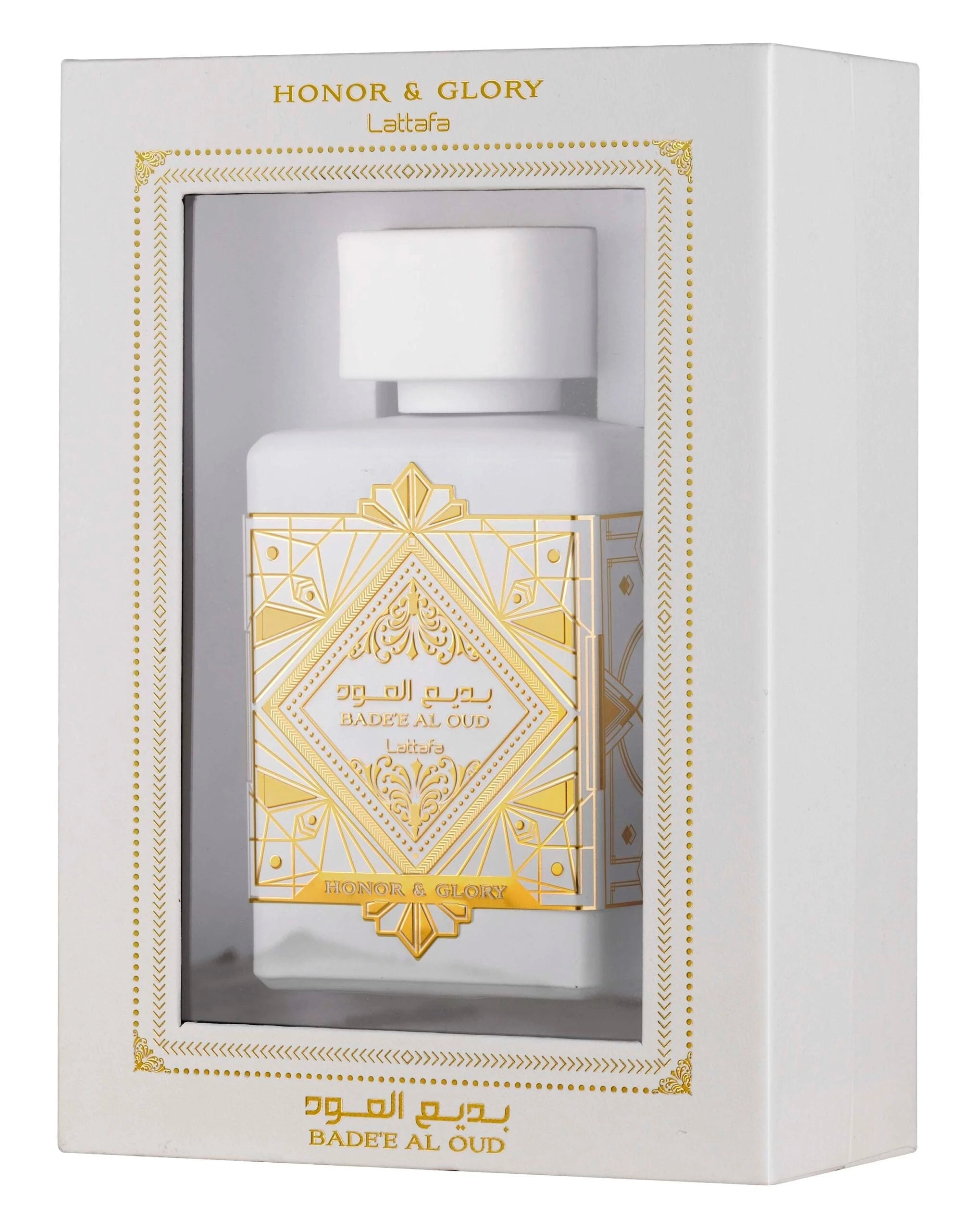 This image displays a perfume package with a white rectangular box that has a window showing the bottle inside. The box is labeled "HONOR & GLORY Lattafa" at the top, with intricate gold geometric and floral designs around the window and on the lower part
