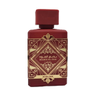 This image shows a deep burgundy perfume bottle with the name "BADEE AL OUD SUBLIME" from the brand Lattafa. The bottle has a matte finish with a matching square cap. It features a luxurious gold geometric pattern with traditional motifs, and the name is written in both Arabic and English. The word "SUBLIME" is displayed on a gold banner at the base. The design conveys a sense of rich heritage and sophistication.