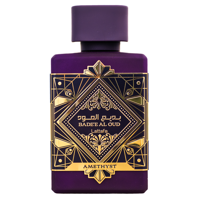 Purple Bade’e Al Oud Amethyst perfume bottle with gold geometric label on white background.