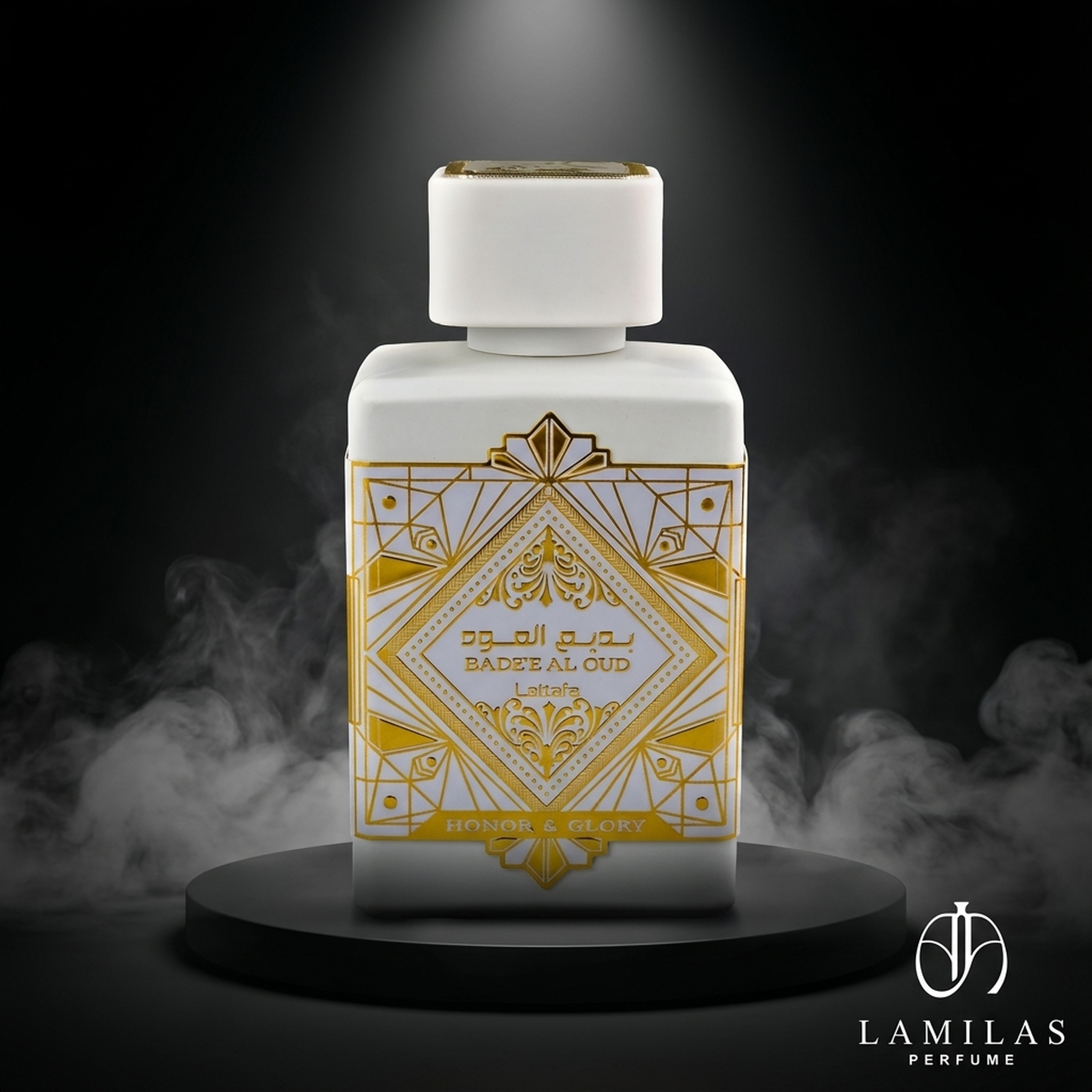 Lattafa Bade'e Al Oud Honor & Glory white perfume bottle featuring a gold Art Deco design, sitting on a black stand in dramatic smoke.