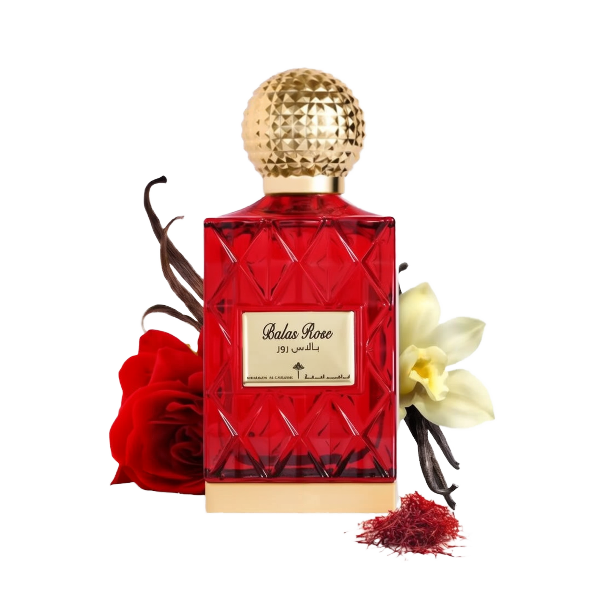 The image depicts a red glass perfume bottle with a golden, textured cap, labeled "Balas Rose" in English with Arabic script above it, suggesting the fragrance's name by the brand Ibraheem Al Qurashi.   In the composition, there's a red rose to the left, suggesting the scent's floral nature, vanilla beans to the left, indicating a warm, sweet note, a white flower (possibly vanilla or orchid) to the right, and a small pile of red saffron threads in the front right, hinting at the luxurious ingredients.