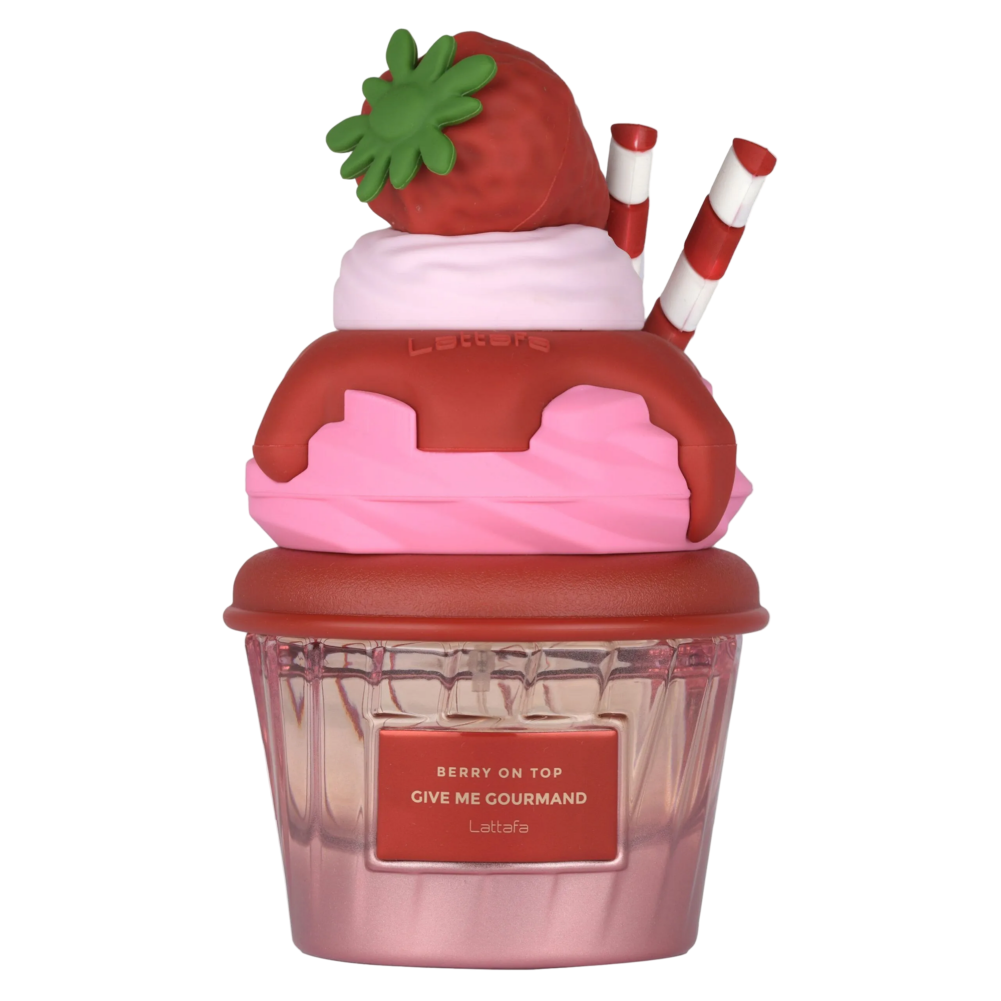 Lattafa Berry on Top Give Me Gourmand perfume bottle shaped like a dessert jar with strawberry and wafer stick details.
