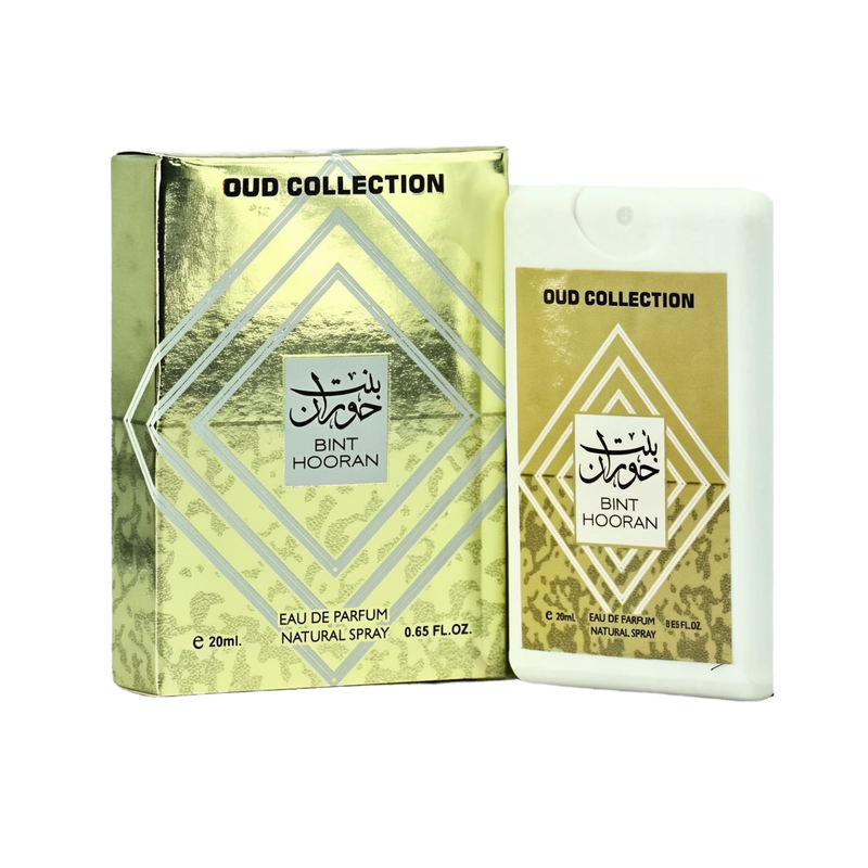 The image shows a perfume product named "Bint Hooran" from the Oud Collection by Ard Al Zaafaran. The packaging features a gold and silver box with a geometric diamond pattern, with the product name "Bint Hooran" written in both Arabic and English in the 