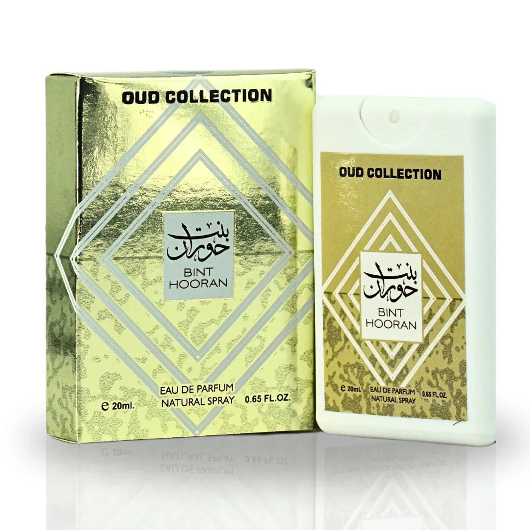 The image shows a perfume product named "Bint Hooran" from the Oud Collection by Ard Al Zaafaran. The packaging features a gold and silver box with a geometric diamond pattern, with the product name "Bint Hooran" written in both Arabic and English in the 