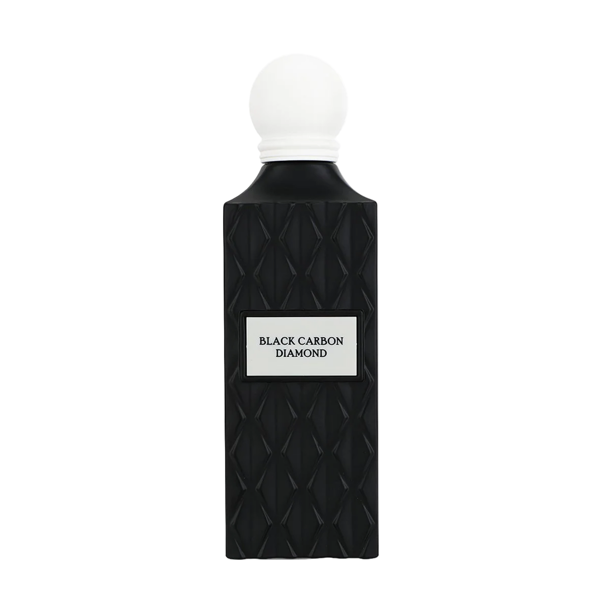Black textured Black Carbon Diamond perfume bottle with a white round cap and a centered nameplate.